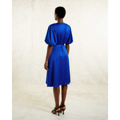 Femponiq Draped Puff Sleeve Satin Dress (Royal Blue)