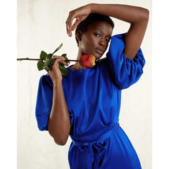 Femponiq Draped Puff Sleeve Satin Dress (Royal Blue)
