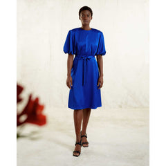Femponiq Draped Puff Sleeve Satin Dress (Royal Blue)