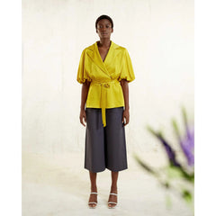 Draped Sleeve Satin Blouse (Golden Yellow)