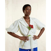 Femponiq Draped Puff Sleeve Tailored Blouse (Ivory)