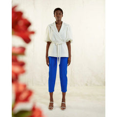 Femponiq Draped Puff Sleeve Tailored Blouse (Ivory)