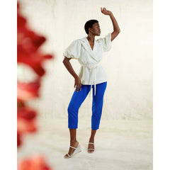 Femponiq Draped Puff Sleeve Tailored Blouse (Ivory)