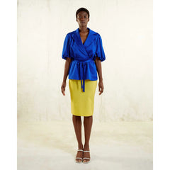 Draped Sleeve Satin Blouse (Royal Blue)