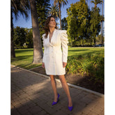 Femponiq Draped Sleeved Tailored Blazer Dress (White)