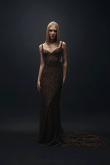 Fera – Brown Sequins Embroidered Long Tailed Dress