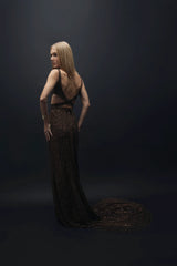 Fera – Brown Sequins Embroidered Long Tailed Dress