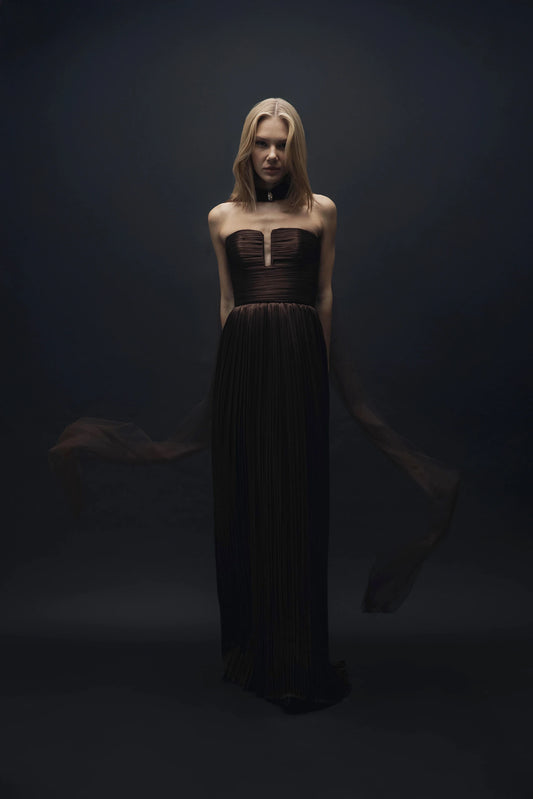 Esra Adıgüzel Bello - Brown Drape Detailed Long Dress