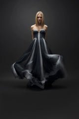 Lunar – Draped Detailed Sweetheart Neck Navy Blue White Long Puffy Dress