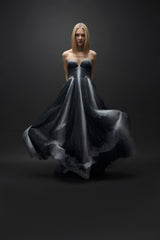 Esra Adıgüzel Lunar – Drape Detailed Sweetheart Neckline Navy Blue and White Long Fluffy Dress