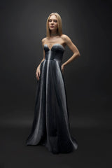 Lunar – Draped Detailed Sweetheart Neck Navy Blue White Long Puffy Dress