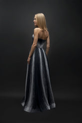 Lunar – Draped Detailed Sweetheart Neck Navy Blue White Long Puffy Dress