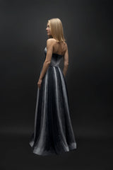 Lunar – Draped Detailed Sweetheart Neck Navy Blue White Long Puffy Dress