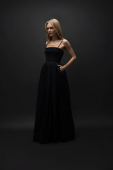Esra Adıgüzel Raven – Natural Stone Strap Folded Strapless Collar Long Fluffy Black Taffeta Dress