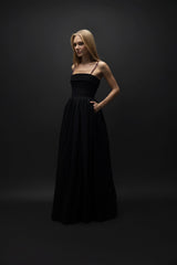 Esra Adıgüzel Raven – Natural Stone Strap Folded Strapless Collar Long Fluffy Black Taffeta Dress