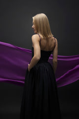 Esra Adıgüzel Raven – Natural Stone Strap Folded Strapless Collar Long Fluffy Black Taffeta Dress
