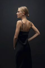 Esra Adıgüzel Lure - Black Satin Draped Long Dress with Natural Stone Detail on Straps