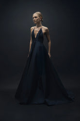 Esra Adıgüzel Verte - Deep V Neck Back Decollete Taffeta Elbise with Long Train
