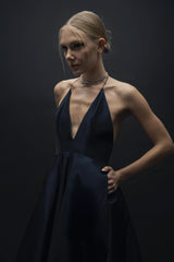 Esra Adıgüzel Verte - Deep V Neck Back Decollete Taffeta Dress with Long Train