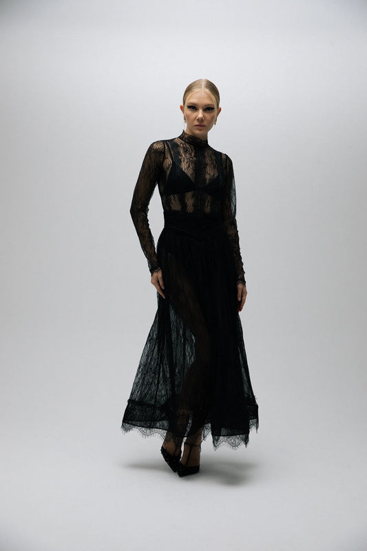 Esra Adıgüzel Lure - Dian - Stand Collar Lace Midi Dress