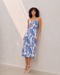 Eloshé Azure Paisley 100% Linen Strappy Midi Dress JEDSSM106