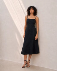 Eloshé Siyah Midi Linen Elbise with Back Decollete JEDSSM108