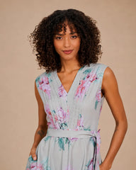 Eloshé Floral Print V-Neck Maxi Elbise with Belt FEDSSM101