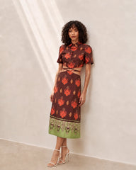 Eloshé Kahverengi Lace-up Crop Gömlek ve Midi Etek REDSSM101
