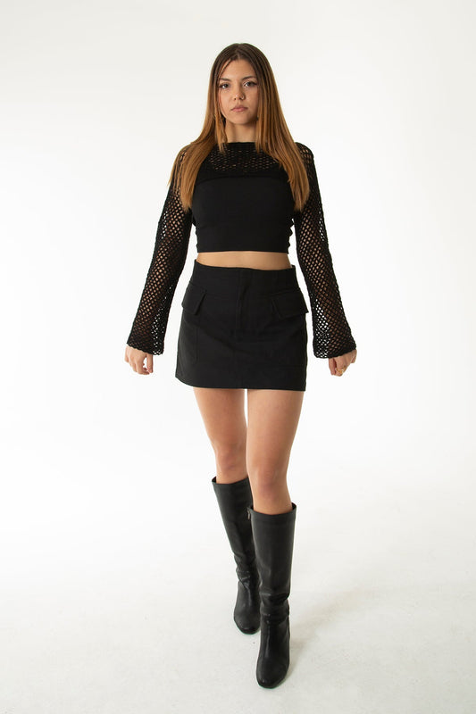 Handarte Los Angeles Siyah File El Örgüsü Crop Top