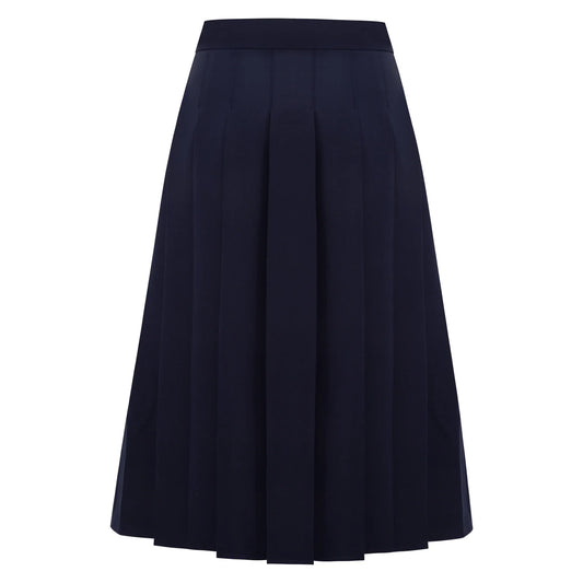High-Waisted Pleated Midi Skirt with Asymmetric Slits (Navy)