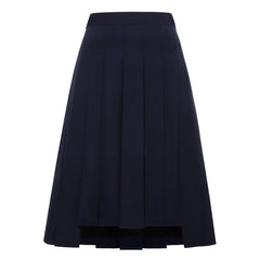 High-Waisted Pleated Midi Skirt with Asymmetric Slits (Navy)