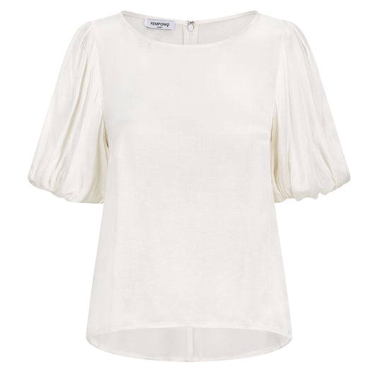 Femponiq Puff Sleeve Vegan Cupro Blouse (Pearl White)