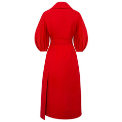 Wide Lapel Asymmetric Belted Midi Cotton Dress (Red)