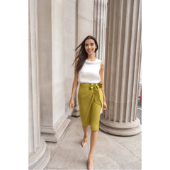 Linen and Cupro-Blend Bow Tie Wrap Vegan Skirt (Olive Green)