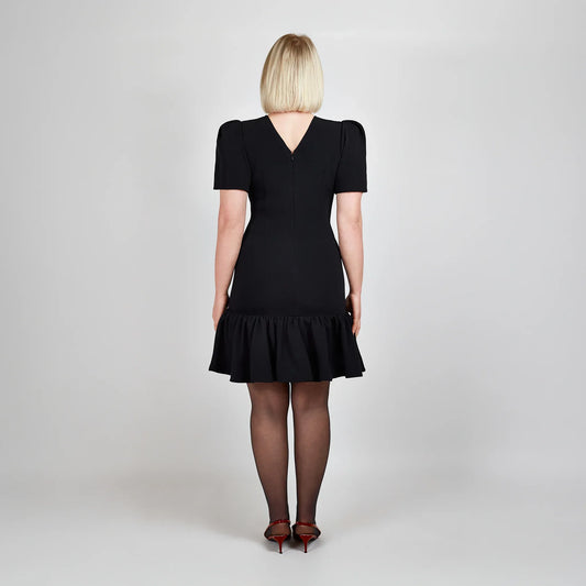 Pleated Shoulder Peplum Hem Cady Dress (Black)