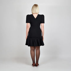 Pleated Shoulder Peplum Hem Cady Dress (Black)