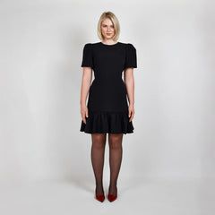 Pleated Shoulder Peplum Hem Cady Dress (Black)