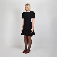 Pleated Shoulder Peplum Hem Cady Dress (Black)