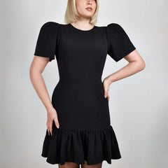 Pleated Shoulder Peplum Hem Cady Dress (Black)