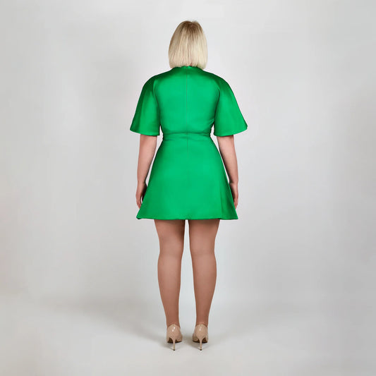 Pleated Shoulder Kimono Sleeve Satin Duchess Dress (Jellybean Green)