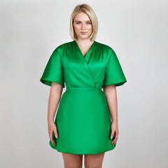 Pleated Shoulder Kimono Sleeve Satin Duchess Dress (Jellybean Green)