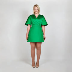 Pleated Shoulder Kimono Sleeve Satin Duchess Dress (Jellybean Green)