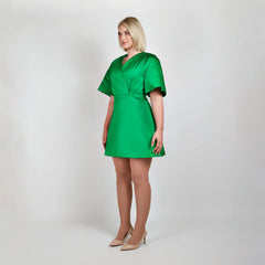 Pleated Shoulder Kimono Sleeve Satin Duchess Dress (Jellybean Green)