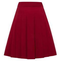 High-Waisted Pleated Above-the-Knee Skirt (Wine Red)