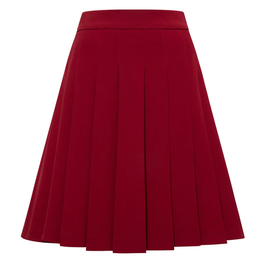 High-Waisted Pleated Above-the-Knee Skirt (Wine Red)