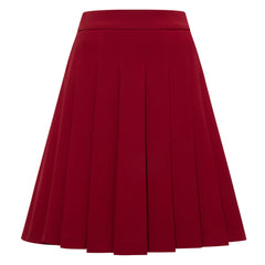High-Waisted Pleated Above-the-Knee Skirt (Wine Red)