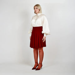 High-Waisted Pleated Above-the-Knee Skirt (Wine Red)