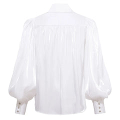 Puff Sleeve V-Neck Gathered Shirt (Sheer White)