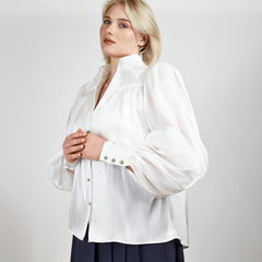 Puff Sleeve V-Neck Gathered Shirt (Sheer White)