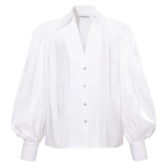 Puff Sleeve V-Neck Gathered Shirt (Sheer White)